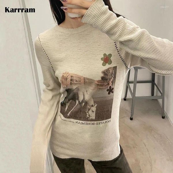 Camiseta feminina karrram vintage com nervuras topos coreano moda malha camiseta grunge gráfico manga longa camiseta irregular kpop designer