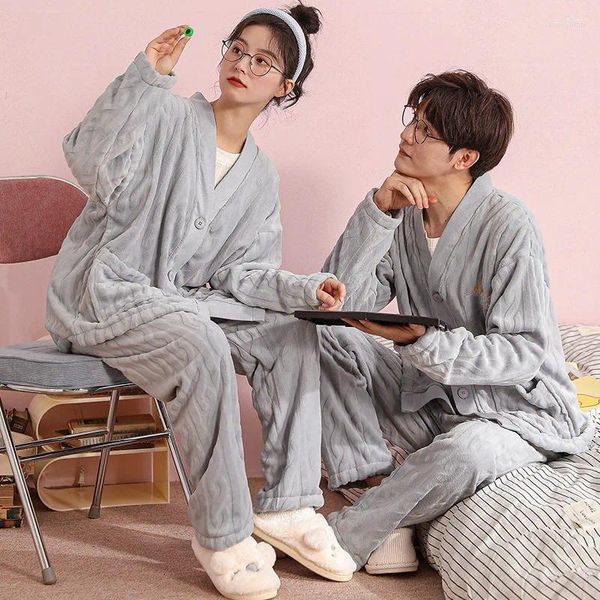 Homens sleepwear mulheres e homens combinando inverno quente nightwear v pescoço quimono casa roupas tamanho grande M-3XL preto cinza pijama conjunto para amante