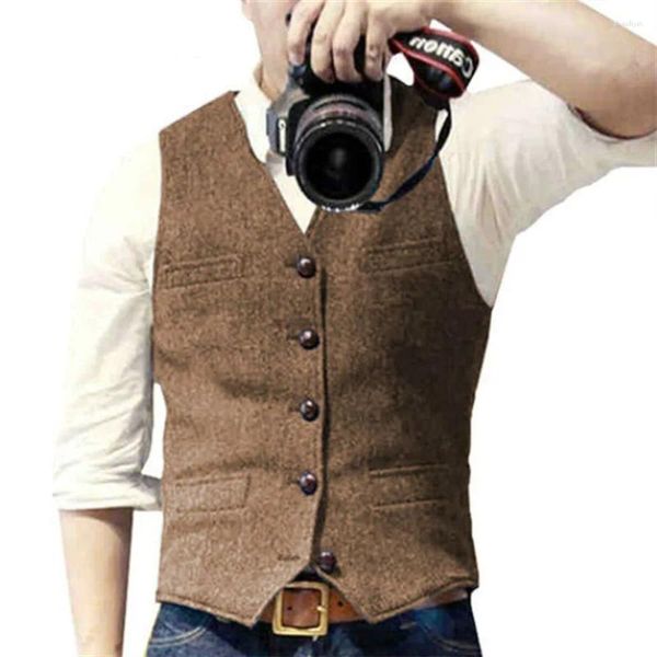 Coletes masculinos clássico terno colete v pescoço espinha de peixe tweed fino ajuste colete formal vestido de negócios para casamento gilet roupas