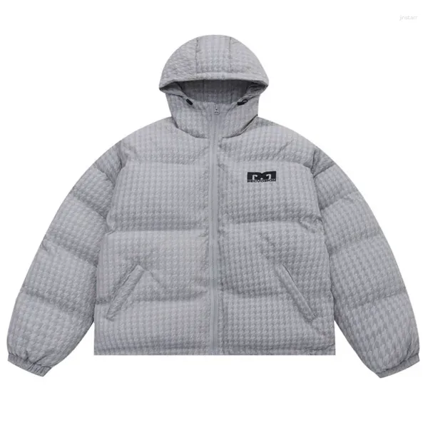 Jaquetas masculinas hip hop houndstooth grosso quente bolha acolchoado casacos harajuku algodão com capuz topos 2023 inverno parkas streetwear