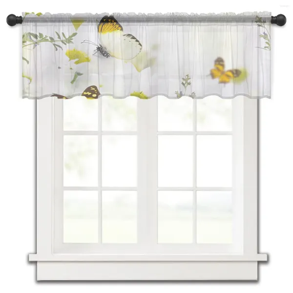 Vorhang, Schmetterling, Gänseblümchen, kurze, transparente Fenster-Tüllvorhänge für Küche, Schlafzimmer, Heimdekoration, kleine Voile-Vorhänge