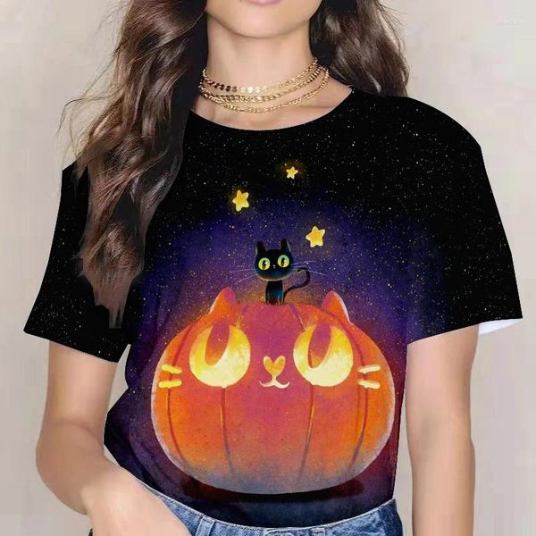 Camisetas femininas senhoras halloween cartoon pequena bruxa abóbora manga curta camiseta poliéster engraçado termos solares juventude tendência confortável topo