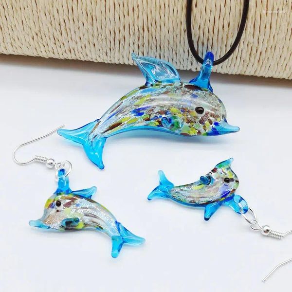 Anhänger Halsketten 1 Satz Chinesischen Stil Glas Murano Trendy Kreative DIY Blaue Liebe Delphin Halskette Für Frauen Tier Charme Schmuck geschenk