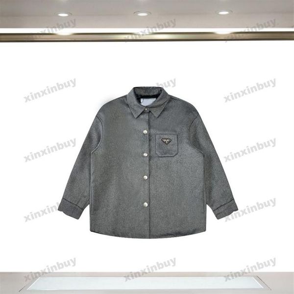 Xinxinbuy masculino de casaco de griângulo metal letra de lã de lã de lã de lã Paris Mulheres de manga longa preto cáqui cinza M-2xl255y