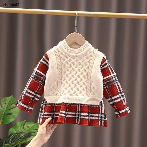 ragazza di design di lusso Abito per bambini in maglia Abiti autunno inverno moda Coreano addensato plaid cuciture twist falso abito in maglia per bambini in due pezzi