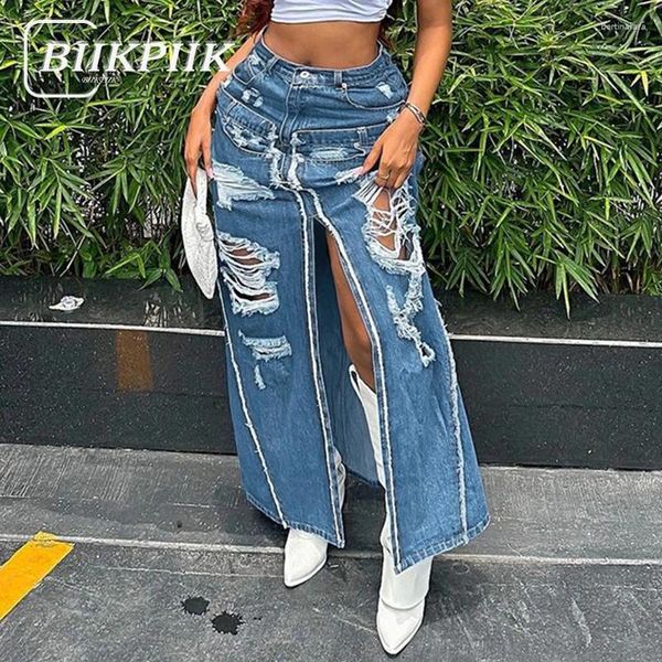 Gonne BIIKPIIK Streetwear Foro Patchwork Forcella Denim Progettato Nappe blu Tasche Donna Maxi gonna dritta Abiti autunnali Sexy