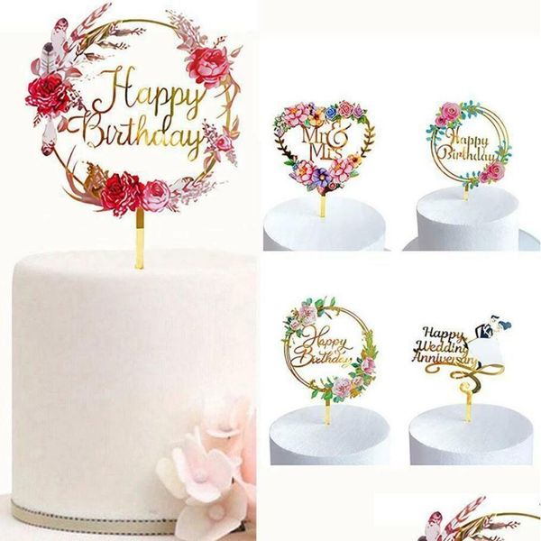 Decoração de festa criativa acrílico bolo topper feliz aniversário flores inserir bebê festa cupcake crianças presentes e favores home garde dhlov