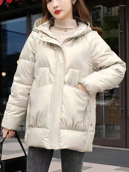 Delle donne Trench Cappotti Giubbotti Per Le Donne 2023 Parka Caldo Vestiti Invernali Grande Tasca Con Cappuccio Lucido Imbottito In Cotone Morbida Eleganza Casual