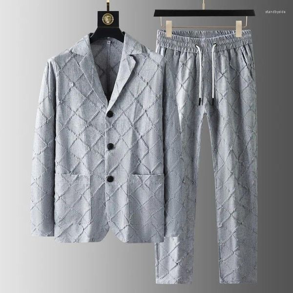 Fatos masculinos primavera verão ternos de luxo linho diamante jacquard fino único breasted algodão masculino define cintura elástica homem calças