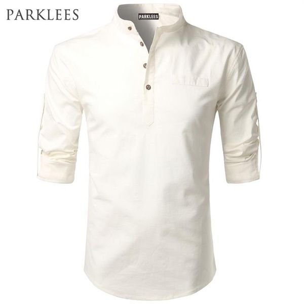 Camisa branca masculina enrolada manga camisas de vestido dos homens fino ajuste algodão linho masculino camisa casual henley camisa masculina 210325291f