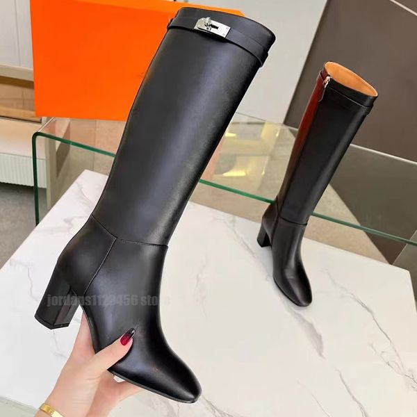 Luxuriöse Designer-Kniestiefel aus Leder, Wintermode, warme Damen-Kampf-Chelsea-Stiefel mit hohen Absätzen, schwarzbraun, braune Ritterstiefel