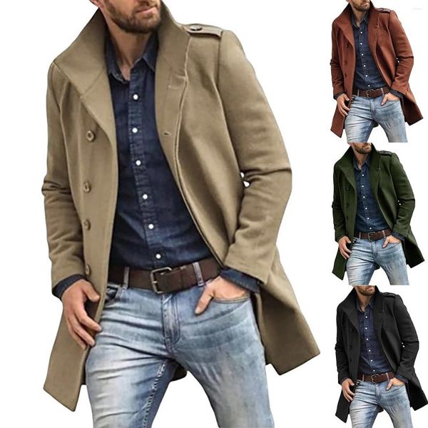 Jaquetas masculinas de lã cor sólida gola média longa casual casaco de bolso masculino