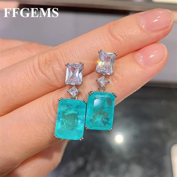 Dungle Chandelier Ffgems Brezilya Paraiba Emerald Tourmalin Gümüş Küpe Kadınlar İçin Mavi Taş Meydanı Oluşturdu Güzel Takılar WH239F