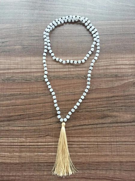 Anhänger Halsketten Geknotete Halskette Quaste Naturstein 6MM Whitejade Machen Sie Gebet Yoga Mala Perlen