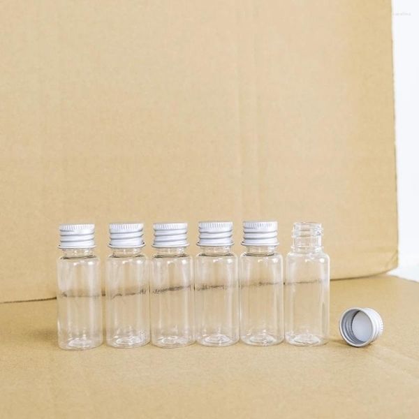 Aufbewahrungsflaschen 20 ml durchsichtige Plastikflasche mit Aluminium-Schraubverschluss, winzige Gläser, Kosmetikbehälter, 20 cc, Reiseset, leer, nachfüllbar