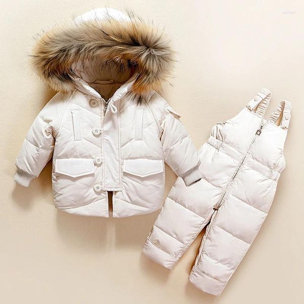 Casaco de inverno para meninas, conjuntos de roupas quentes com capuz, jaqueta de pato, calças, traje de neve à prova d'água, roupas de bebê meninos