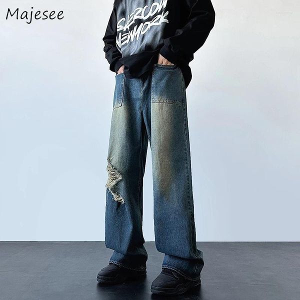 Jeans masculinos rasgados vintage perna larga homens designer streetwear lavado baggy chique S-3XL bonito casual denim calças moda legal adolescentes