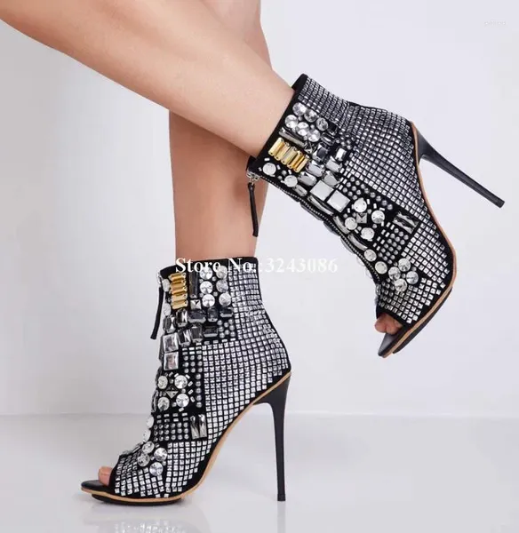Sapatos de vestido design exclusivo senhora sandálias de cristal botas de tornozelo moda peep toe zíper frontal strass decoração gladiador mulheres saltos