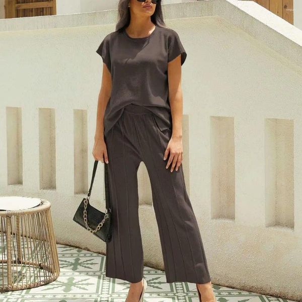 Pantaloni a due pezzi da donna T-shirt con o-collo Set a gamba larga Donna Casual Solid Abiti larghi T-shirt a pieghe in vita elastica Pantaloni Set