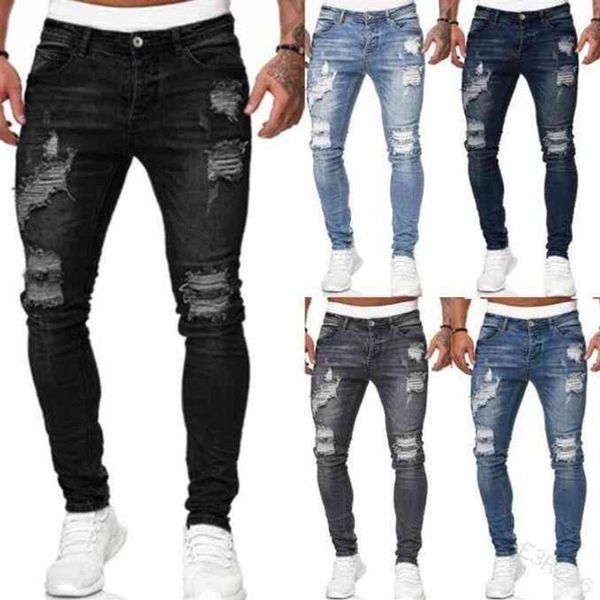 Buraco masculino rasgado jeans magros moda masculina colorido desenho rugas jimpness lápis calças motor biker hip hop deni casu283b