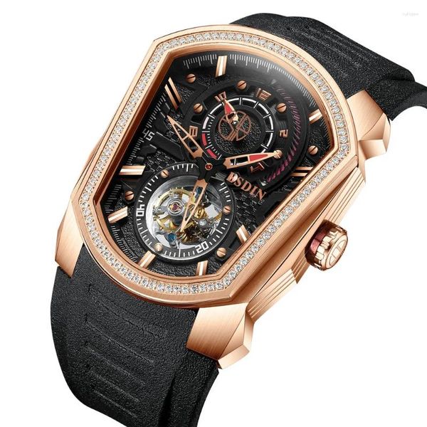 Armbanduhren High-End-Herren-Tourbillon mit echtem Diamant-Saphir-Leuchtoberteil, luxuriöses Kautschukarmband, sportliche Herren-mechanische Uhren, individuell