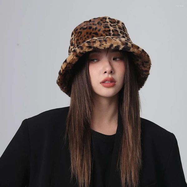 Berets inverno quente balde chapéu chapéus para mulheres boné de golfe caminhadas pele diversão leopardo padrão pescador halloween