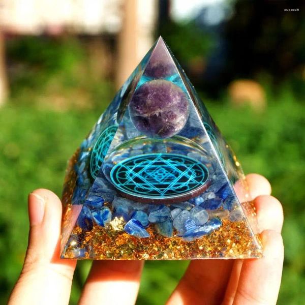 Estatuetas decorativas feitas à mão pirâmide de orgonita 60mm esfera de cristal de ametista com pedra de cristal natural de cianita cura de energia reiki