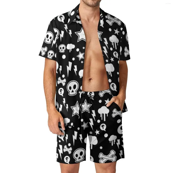 Fatos masculinos Gótico Homens Define Nuvens Crânio Bruxa Novidade Camisa Casual Conjunto de Manga Curta Impresso Shorts Verão Praia Terno Tamanho Grande