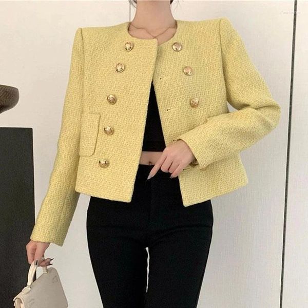 Jaquetas femininas elegante curto tweed jaqueta mulheres luxo outono francês o-pescoço duplo breasted casacos vintage moda designer