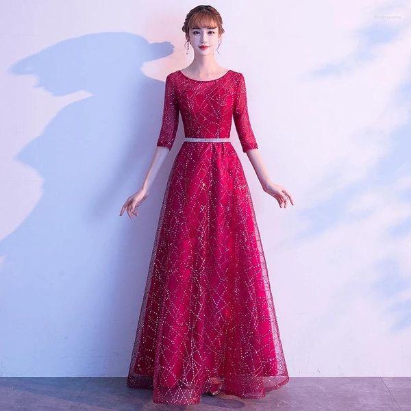 Этническая одежда винно-красное вечернее платье с блестками 2023 элегантное сексуальное тонкое вечернее платье с рукавами из семи частей