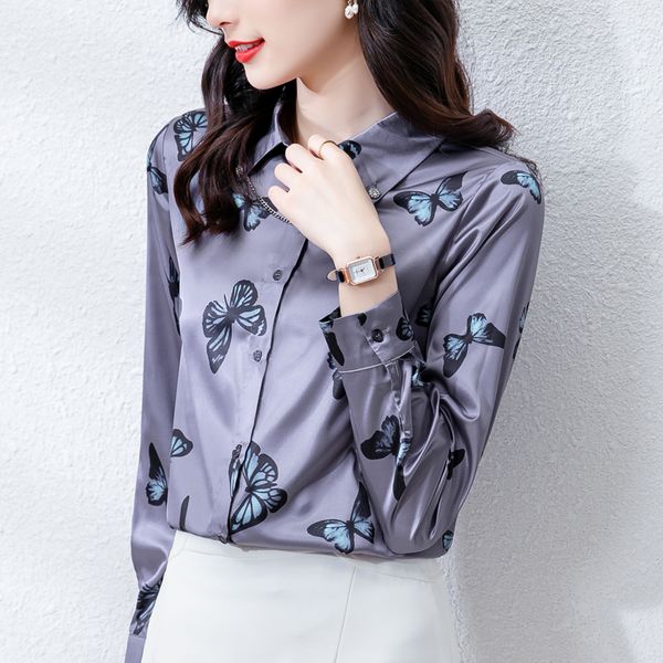 Kelebek baskı saten gömlek kadın tasarımcı mor düğme gömlekler sonbahar kış yaka gündelik çok yönlü pist bluzları artı 2023 ofis bayanlar resmi üstler