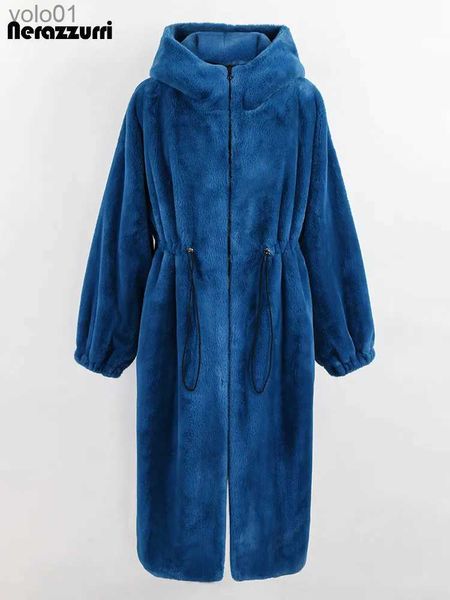 Pele feminina pele sintética nerazzurri inverno longo oversized grosso quente azul branco preto casaco de pele falsa feminino com capuz zíper solto jaqueta fofa de luxoL231016