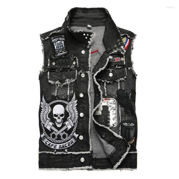 Herrenwesten Denim-Weste ärmellos Vestautumn Punk-Weste Patch-Stickerei Ing Skull Nailed Black Badge Motorradmantel