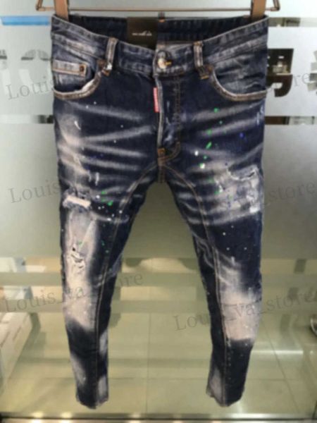 Jeans da uomo 2023 Autunno / Inverno Nuovi jeans da uomo Jeans D2 Jeans slim fit con piedi piccoli Lavati Blu profondo Taglio solido Usurati T231016