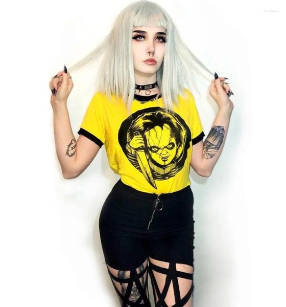 Mulheres Camisetas Europeu e Americano Moda Serial Killer Impressão Digital Verão Redondo Pescoço Manga Curta T-shirt Pequena Tendência Top Mulheres