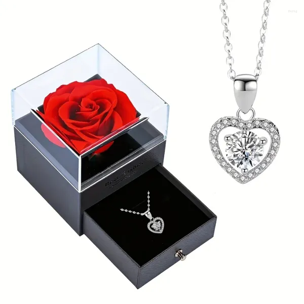 Anhänger Halsketten Luxus Zirkon Mit Rose Blume Geschenk Box Für Freundin Frauen Weihnachtsgeschenke 2023 Romantische Hochzeit Schmuck