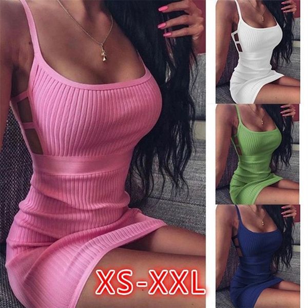 Chic Sommer Frauen Sexy Hosenträger Mini, Figurbetontes Kleid Einfachen Stil Einfarbig Ärmelloses Rippen Dünnes Kleid Club Wear296d