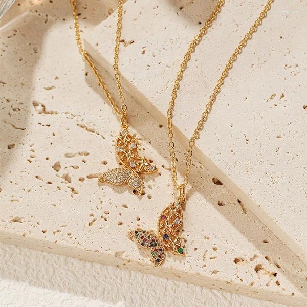Anhänger Halsketten Minar Fee glänzend CZ Zirkonia aushöhlen Schmetterling Blume für Frauen 18 Karat echtes vergoldetes Messing Halsband