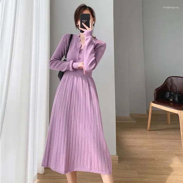 Casual Kleider Plissee Kleid Frauen Langarm Mode Koreanische Frau Pullover Gestrickte Elegante Rock Midi Beige Schwarz Herbst 2023