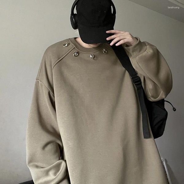 Erkek Hoodies 2023 Amerikan Tarzı Yüksek Sokak Kişiselleştirilmiş Metal Dekorasyon Katlar Yuvarlak Boyun Sweatshirtler Gevşek Külot M-3XL