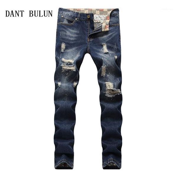 Jeans masculinos homens motociclista rasgado para slim fit design moda hip hop casual azul marinho buraco denim calças ty0021304r