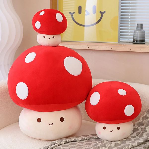 Almofadas de pelúcia almofadas kawaii cogumelo boneca brinquedo de pelúcia recheado squishy comida planta travesseiro gigante vermelho marrom branco emoção plushie peluche decoração crianças presente 231016