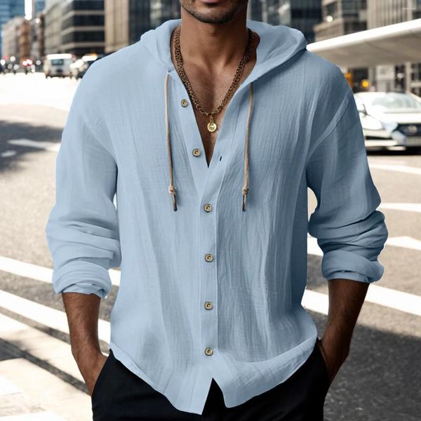 Мужские повседневные рубашки, мужские однотонные осенние рубашки с капюшоном и длинными рукавами, хлопково-льняная рубашка на пуговицах, кардиган, винтажное пляжное пальто, Camisa