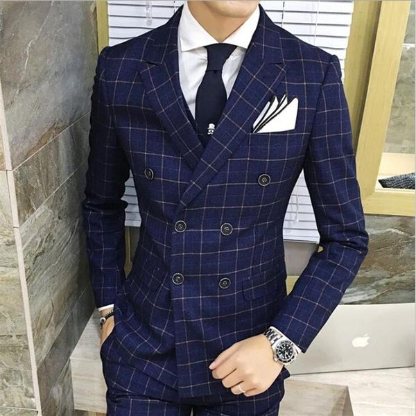 Neueste Designs Männer 3 Stück Karierten Anzug Männer Plus Größe Koreanische Kleid Slim Fit Dünne Prom Hochzeit Zweireiher anzüge for287B