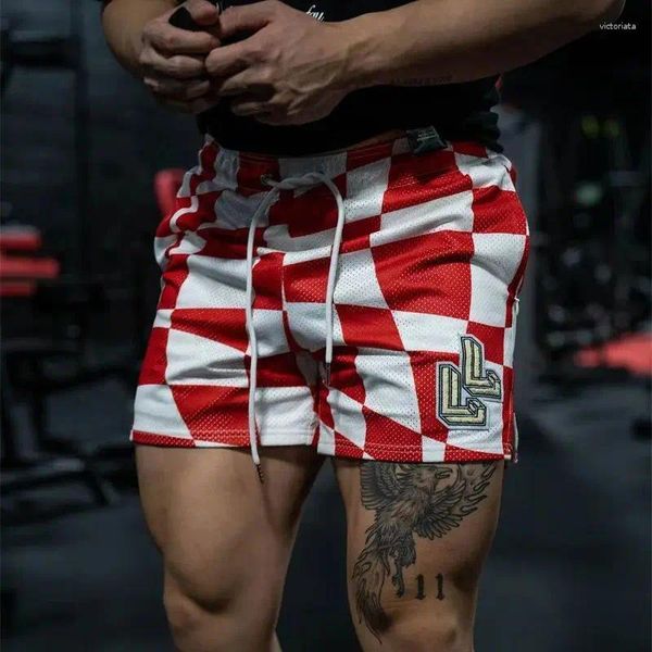 Shorts masculinos 2023 casual xadrez moda fitness secagem rápida respirável calças esportivas impressas logotipo