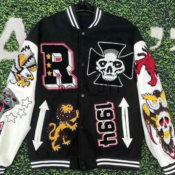 Jaquetas masculinas Hip Hop Jaqueta de Beisebol Masculino Patch Work Heavy Industry Graffiti Bordado Universidade Jaqueta 2023 Outono Casal Harajuku Bomber Jacket x1016