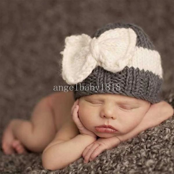 Bonito malha arco gorro para recém-nascido foto prop acessórios para o cabelo infantil bebê bowknot crochê bonnt bebe inverno quente gorras