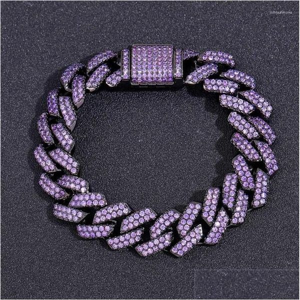 Bracelets de link de cadeia Iced Correntes para homens para homens 15mm Preto Black Purple Cuban CZ Stone Bracelet Jóias de Hip Hop Drop Deliver