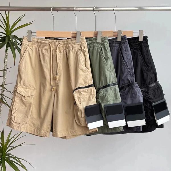 Shorts masculinos 2023 verão vintage lavado lado zíper grande bolso cinco quartos calças hipster homens casual safari estilo diário
