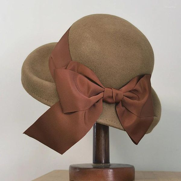 Berets Japanische Mode Herbst Winter Wolle Großen Bogen Hochzeit Hüte Für Frauen Damen Becken Kappe Casual Vintage Filz Hut Knochen